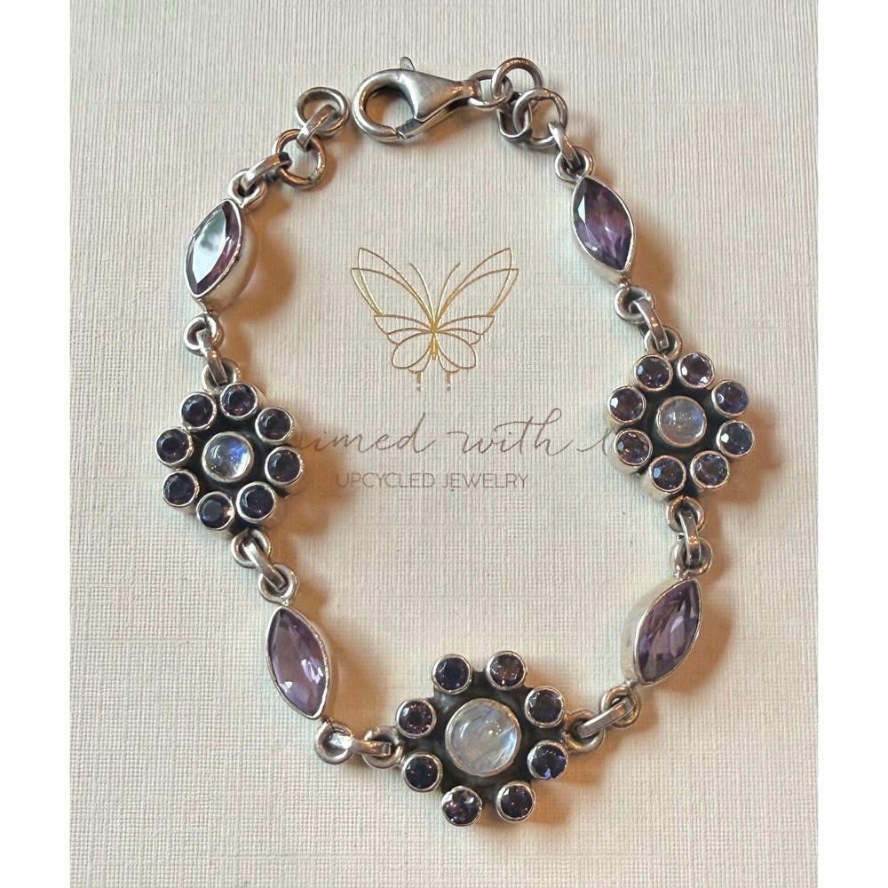 Nicky Butler 7.5" Bracelet Sterling Silver Amethyst Moonstone Floral - India 925